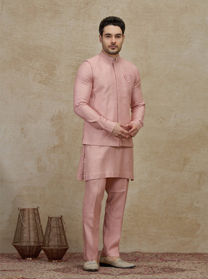 Onion Pink Embroidered Kurta Pajama with Koti | TULA