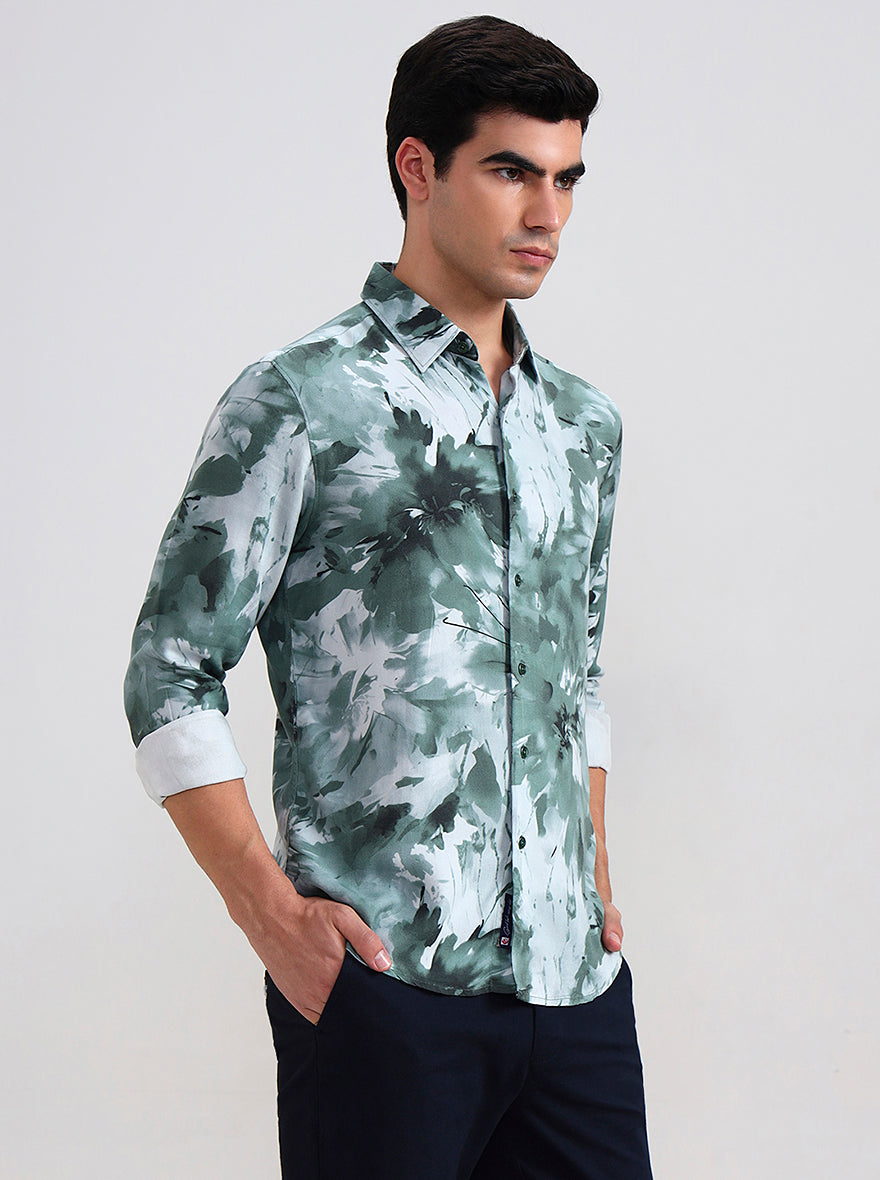 Green Printed Slim Fit Casual Shirt | Greenfibre