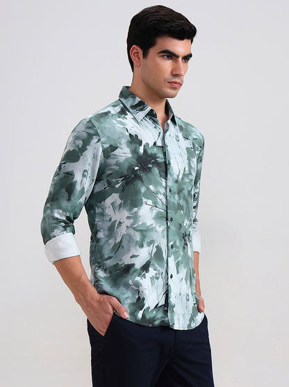 Green Printed Slim Fit Casual Shirt | Greenfibre