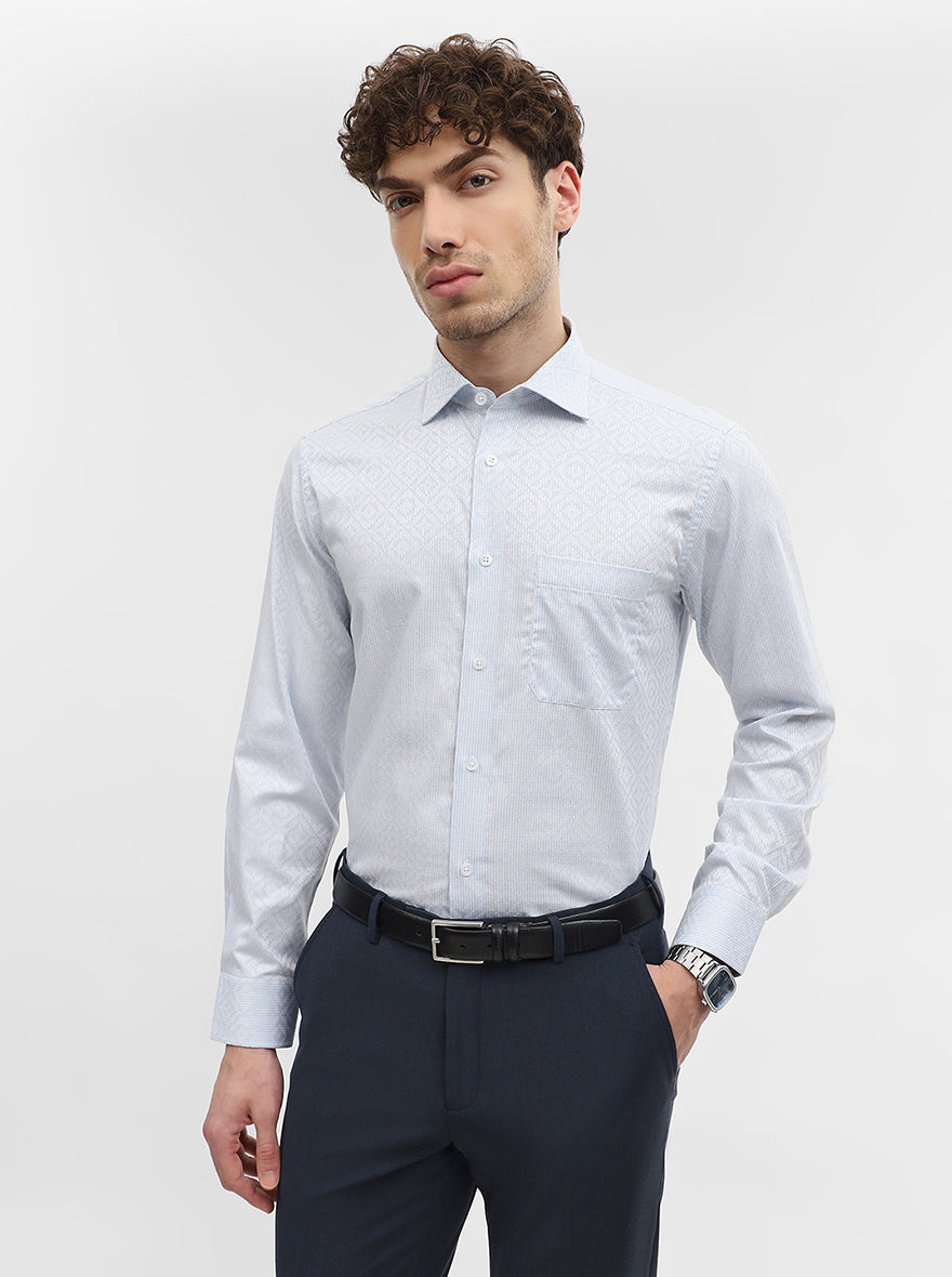 White & Sky Blue Jacquard Slim Fit Formal Shirt | Metal