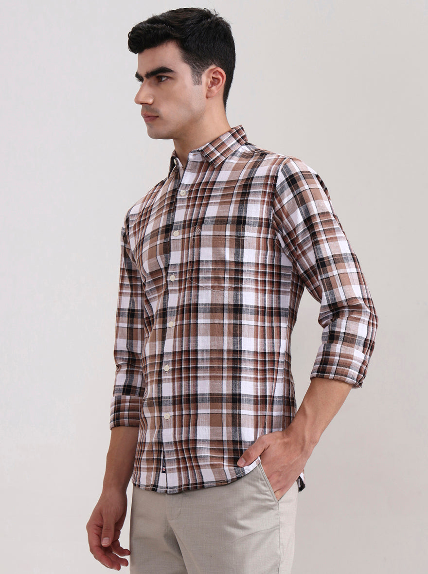 Beige Checked Slim Fit Casual Shirt | Greenfibre