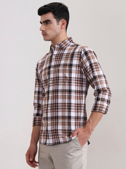 Beige Checked Slim Fit Casual Shirt | Greenfibre
