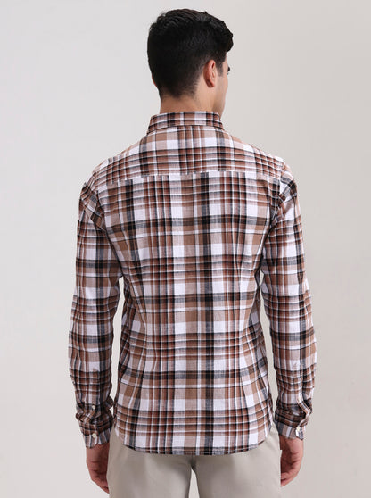Beige Checked Slim Fit Casual Shirt | Greenfibre