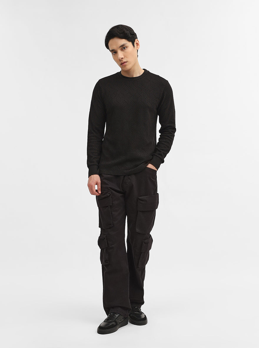 Black Jacquard Slim Fit Winter T-Shirt | Greenfibre