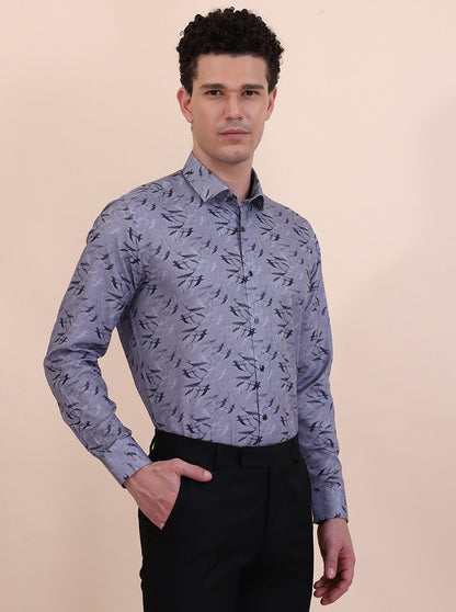 Grey Printed Slim Fit Party Wear Shirt | Greenfibre