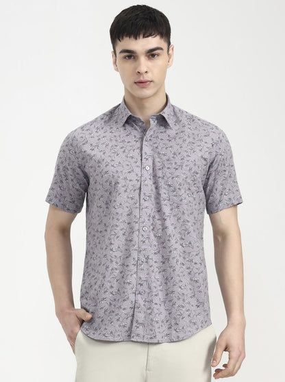 Grey Printed Tailored Fit Semi Casual Shirt | JadeBlue