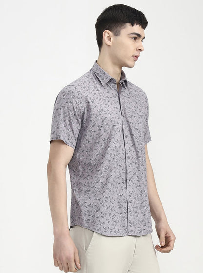 Grey Printed Tailored Fit Semi Casual Shirt | JadeBlue