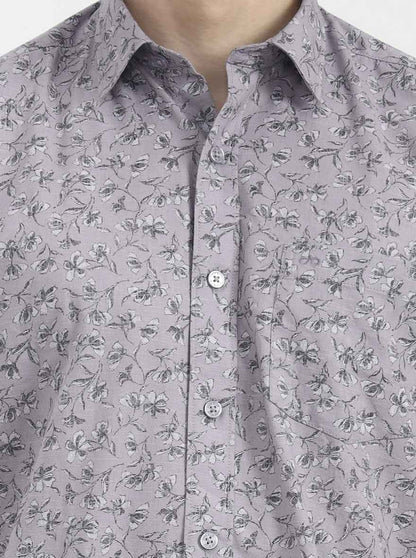 Grey Printed Tailored Fit Semi Casual Shirt | JadeBlue