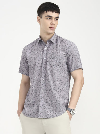 Grey Printed Tailored Fit Semi Casual Shirt | JadeBlue
