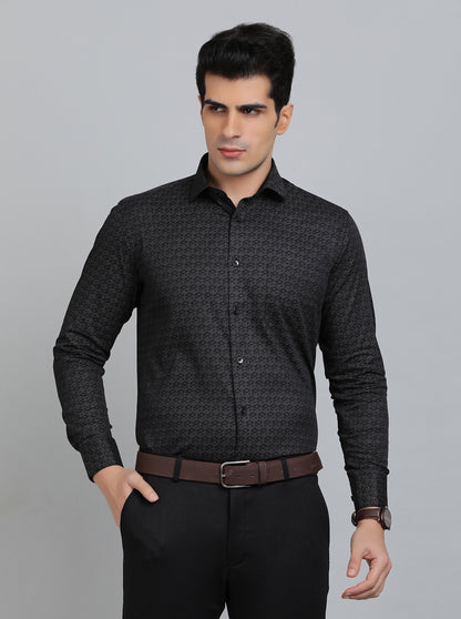 Dark Grey Printed Slim Fit Formal Shirt | Metal