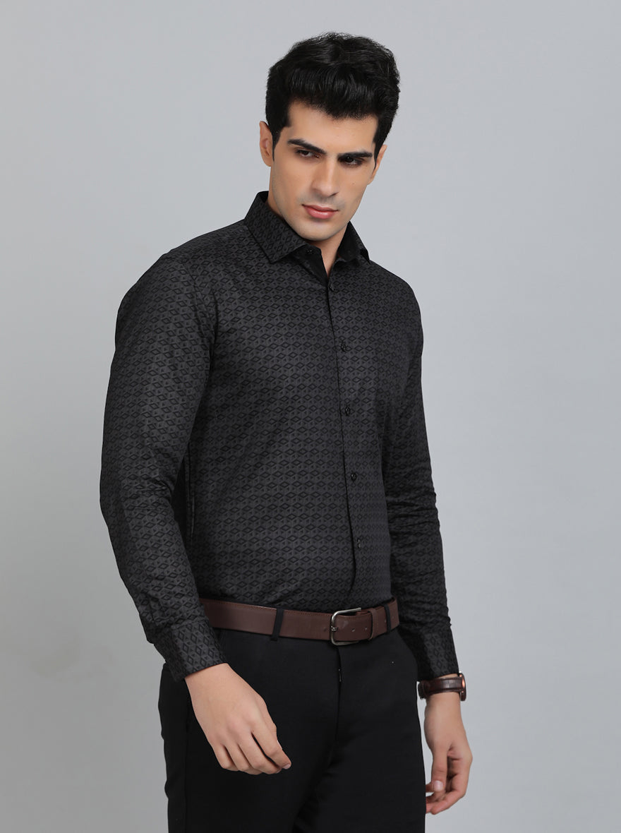 Dark Grey Printed Slim Fit Formal Shirt | Metal