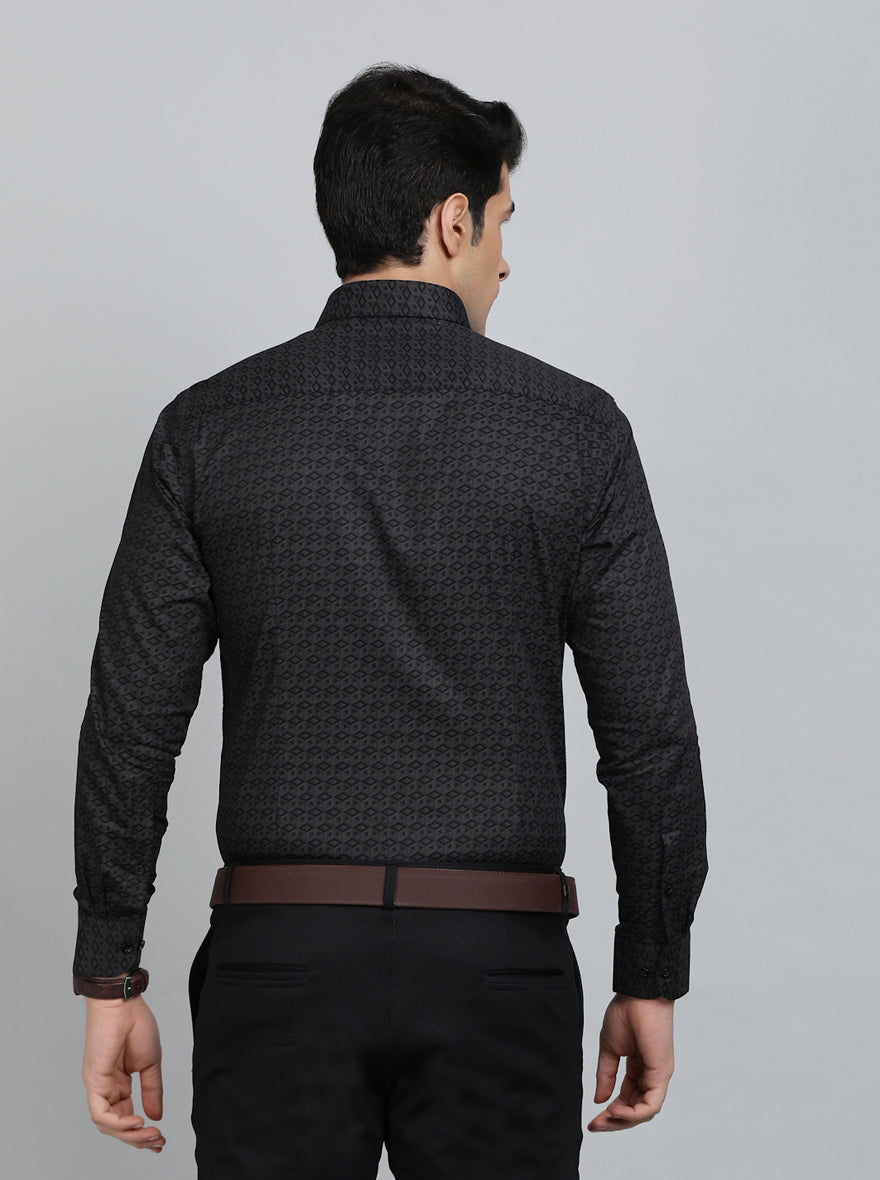 Dark Grey Printed Slim Fit Formal Shirt | Metal