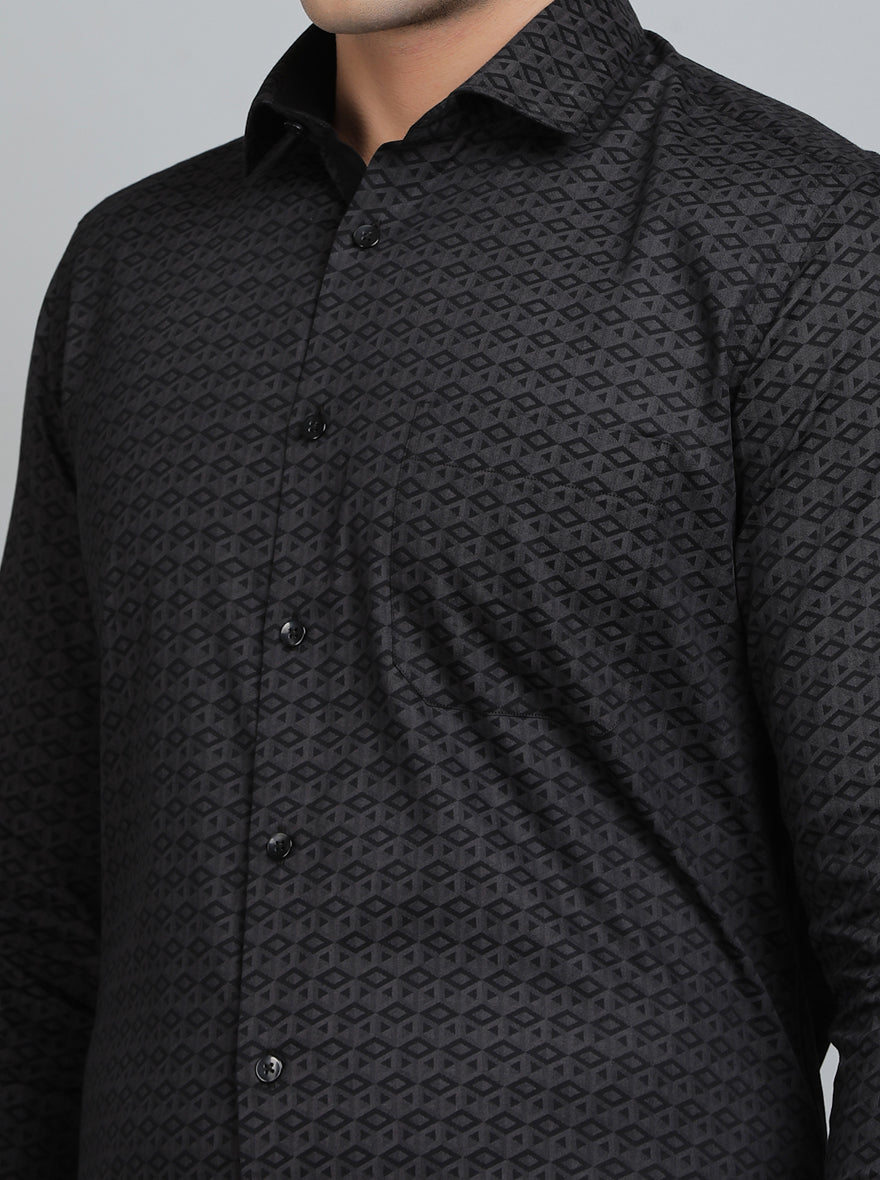Dark Grey Printed Slim Fit Formal Shirt | Metal