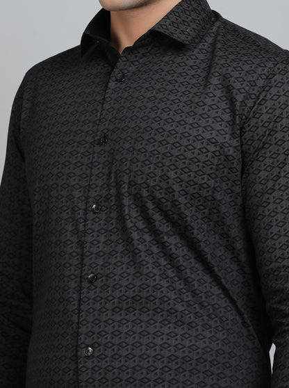 Dark Grey Printed Slim Fit Formal Shirt | Metal