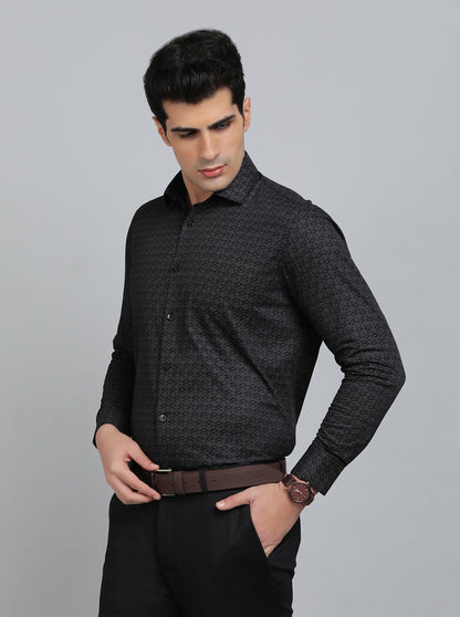 Dark Grey Printed Slim Fit Formal Shirt | Metal