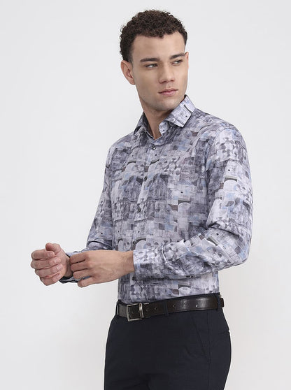 Grey Printed Slim Fit Party Wear Shirt | Greenfibre