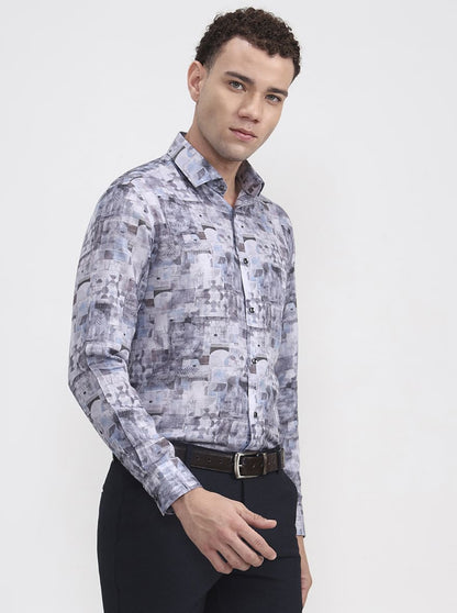 Grey Printed Slim Fit Party Wear Shirt | Greenfibre
