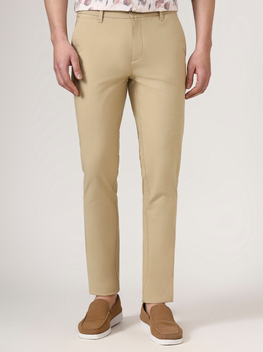 Camel Beige Solid Uno Fit Casual Trouser | JadeBlue