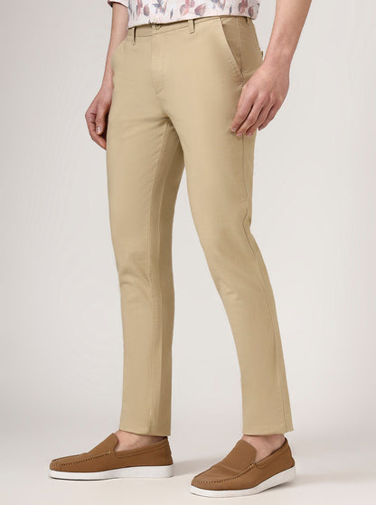 Camel Beige Solid Uno Fit Casual Trouser | JadeBlue