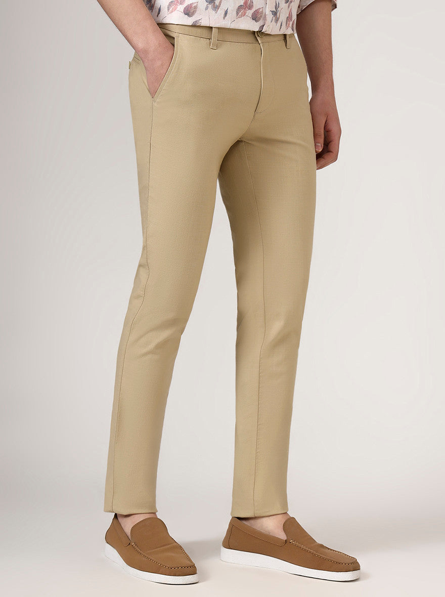 Camel Beige Solid Uno Fit Casual Trouser | JadeBlue
