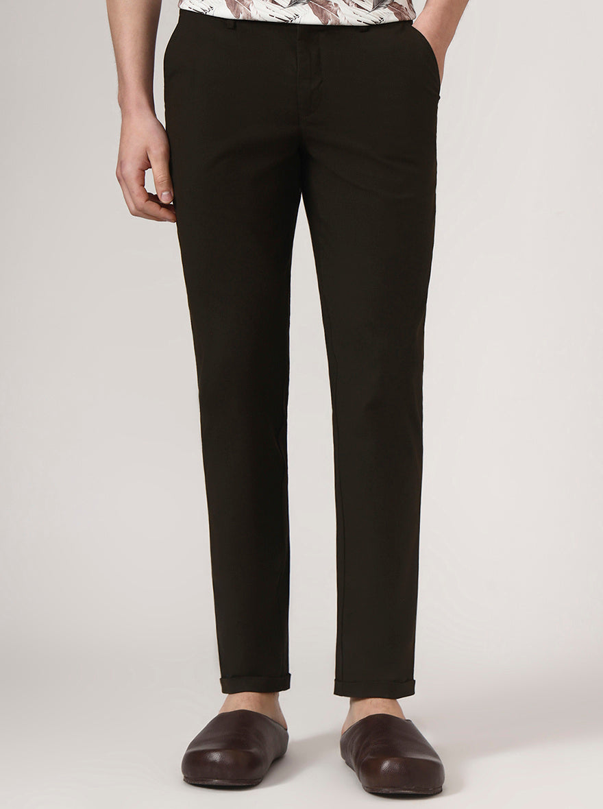 Olive Brown Solid Neo Fit Casual Trouser | Greenfibre