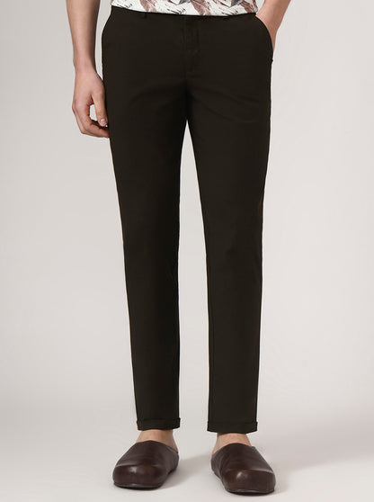 Olive Brown Solid Neo Fit Casual Trouser | Greenfibre