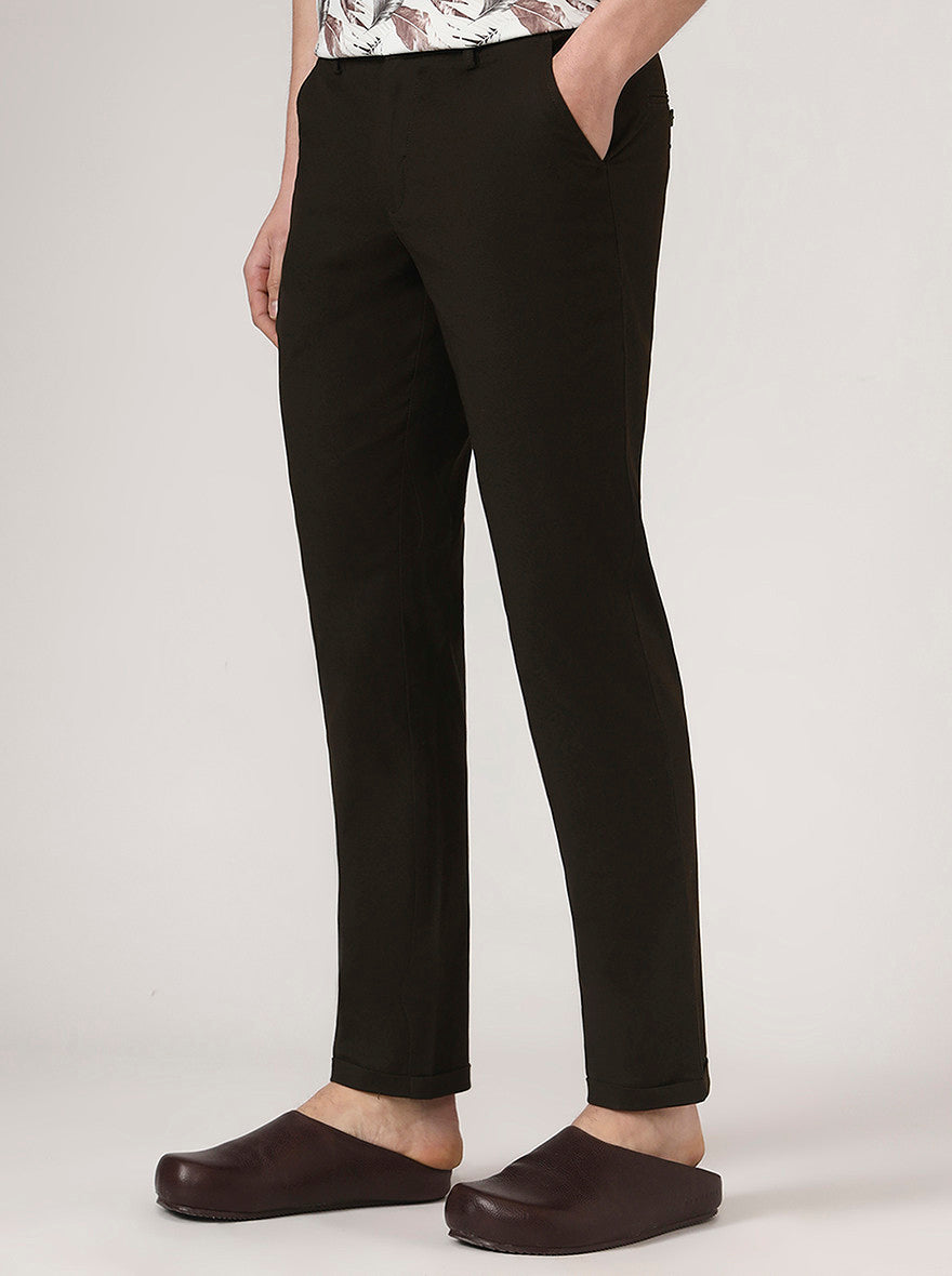 Olive Brown Solid Neo Fit Casual Trouser | Greenfibre