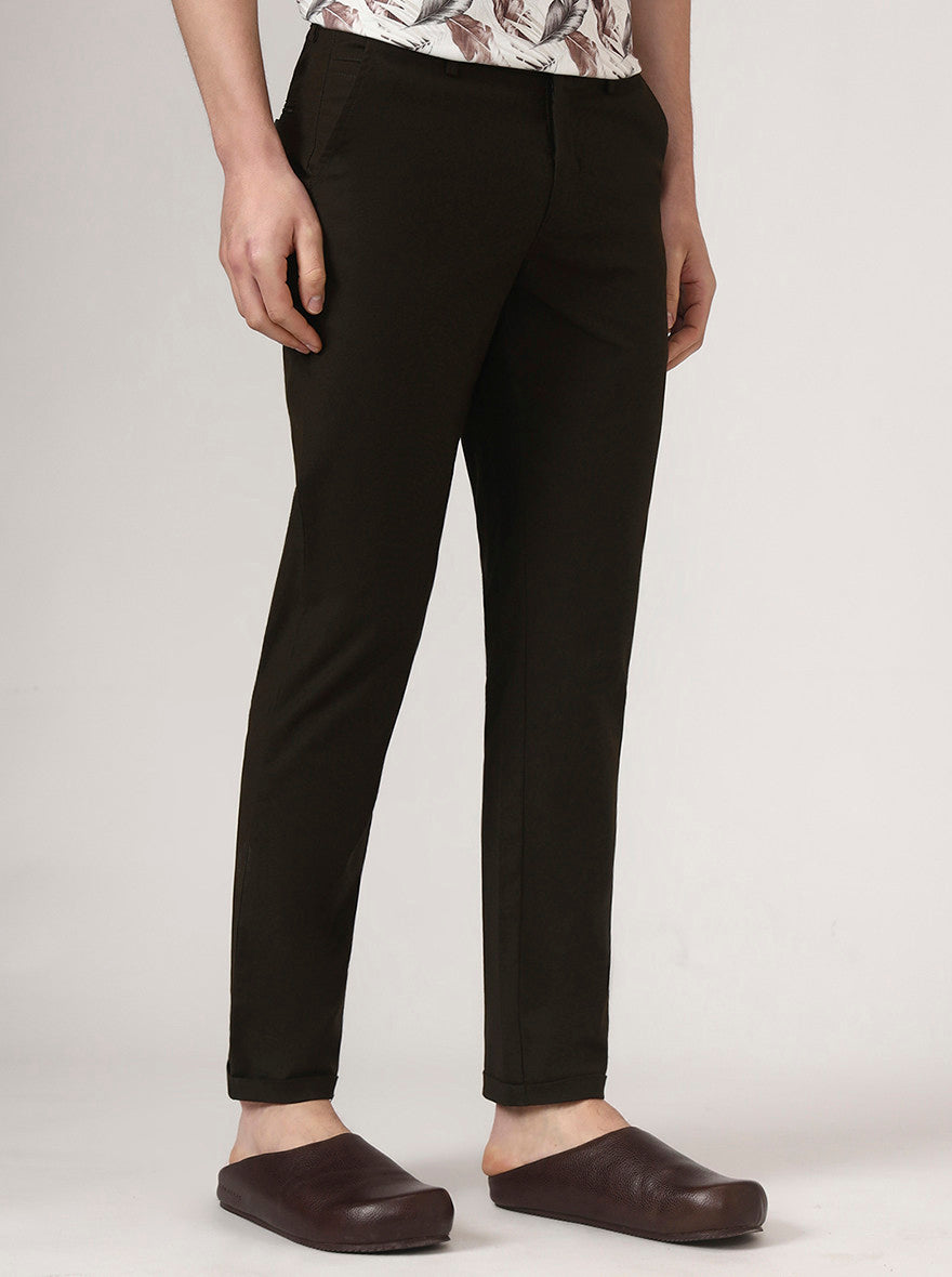 Olive Brown Solid Neo Fit Casual Trouser | Greenfibre