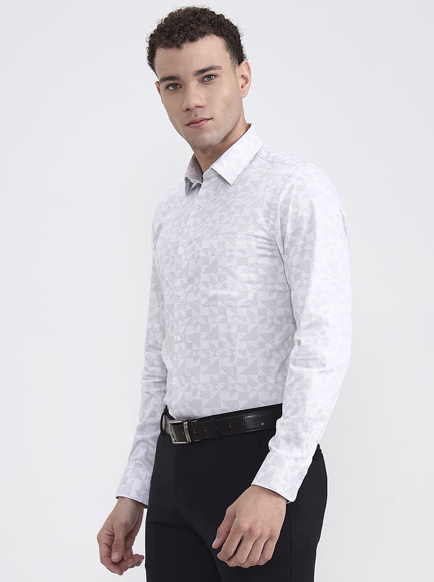 White & Grey Printed Slim Fit Formal Shirt | JadeBlue Youth