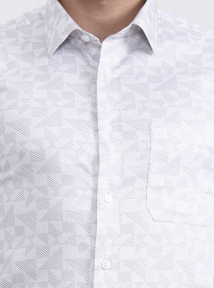 White & Grey Printed Slim Fit Formal Shirt | JadeBlue Youth