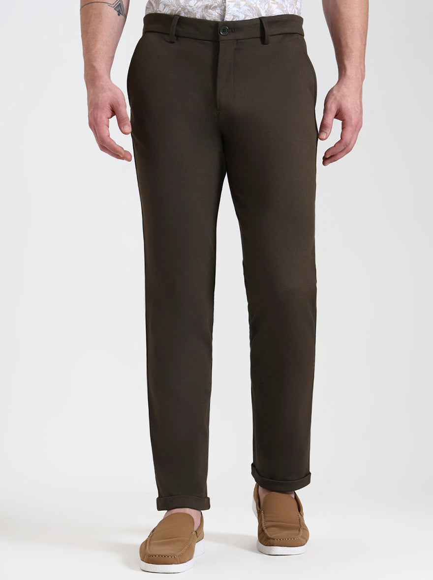 Olive Brown Solid Venice Fit Casual Trouser | JadeBlue