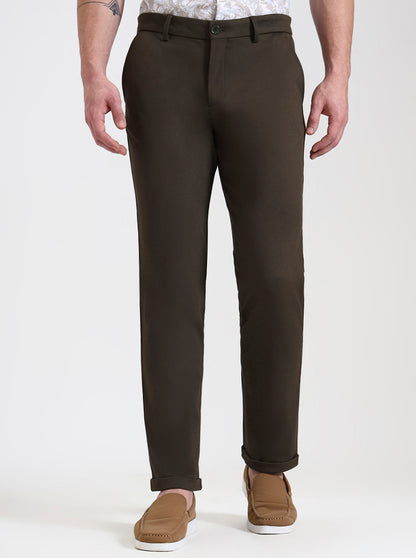 Olive Brown Solid Venice Fit Casual Trouser | JadeBlue