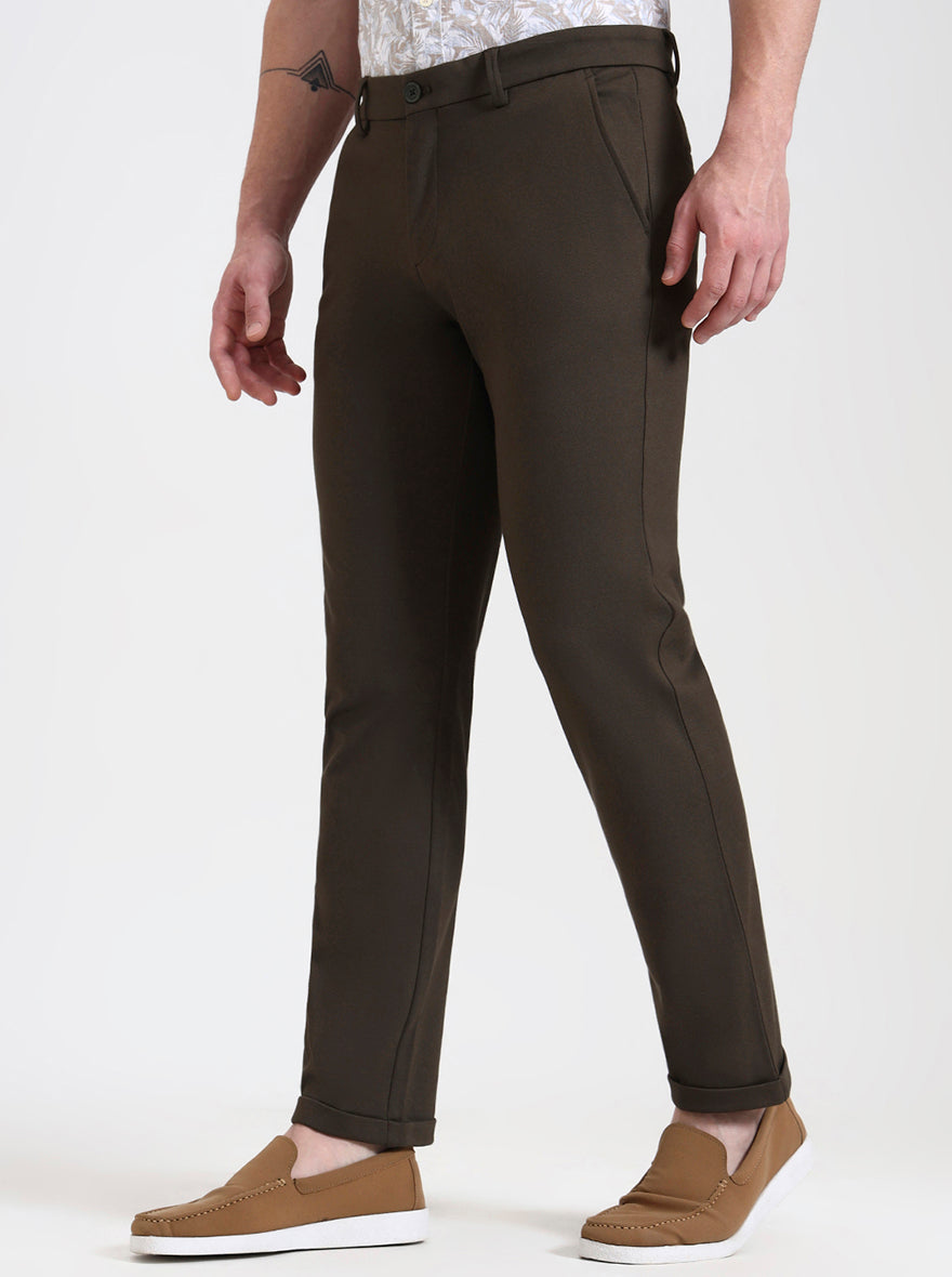 Olive Brown Solid Venice Fit Casual Trouser | JadeBlue