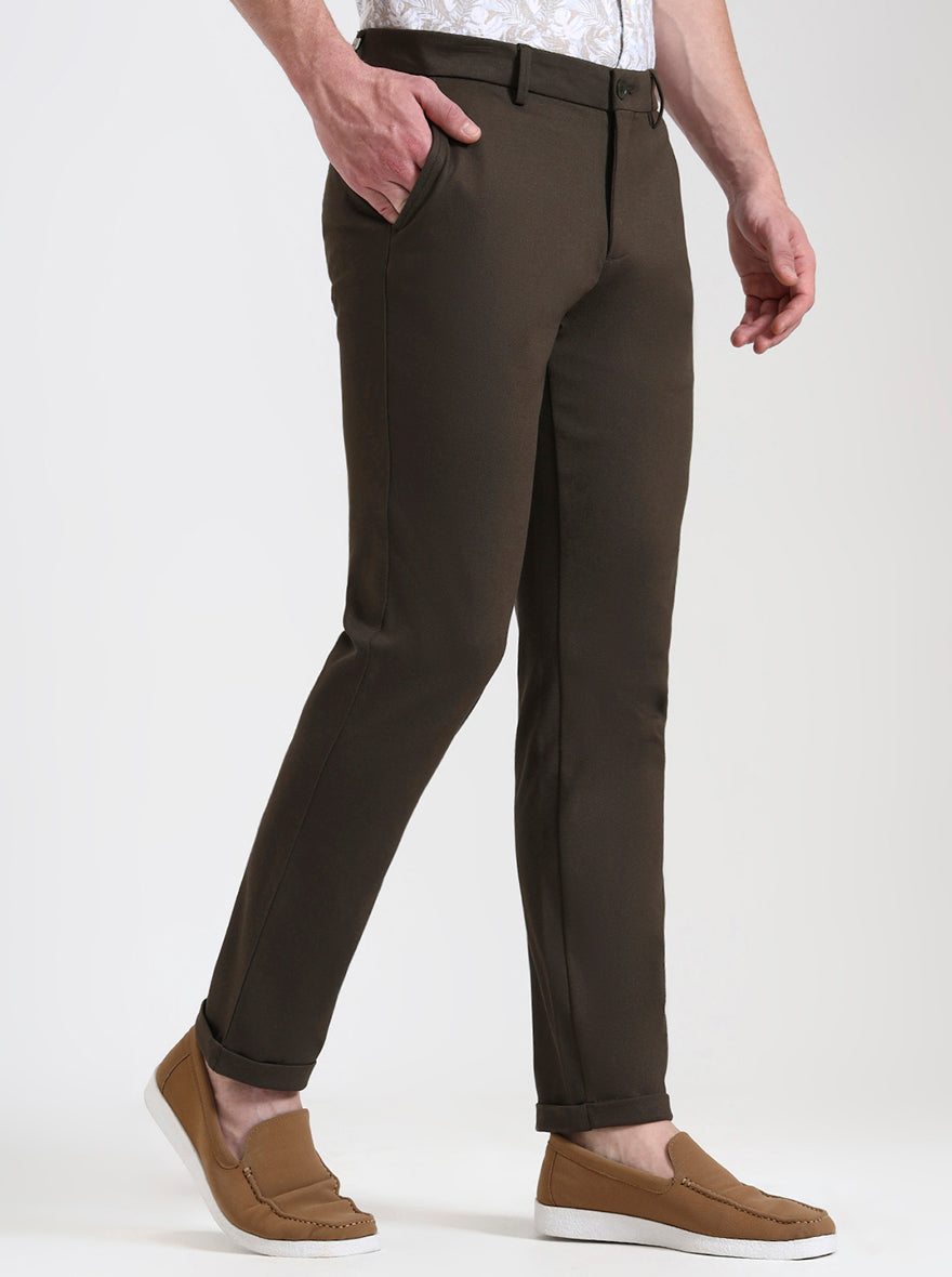 Olive Brown Solid Venice Fit Casual Trouser | JadeBlue