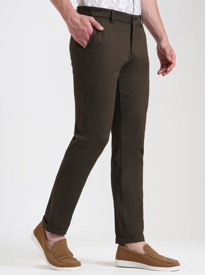 Olive Brown Solid Venice Fit Casual Trouser | JadeBlue