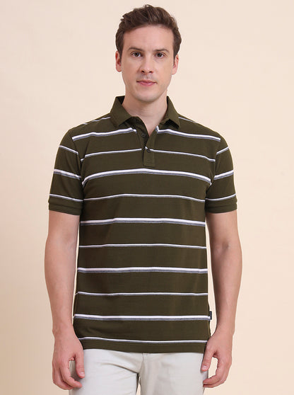Olive & White Striped Slim Fit Polo T-Shirt | JadeBlue