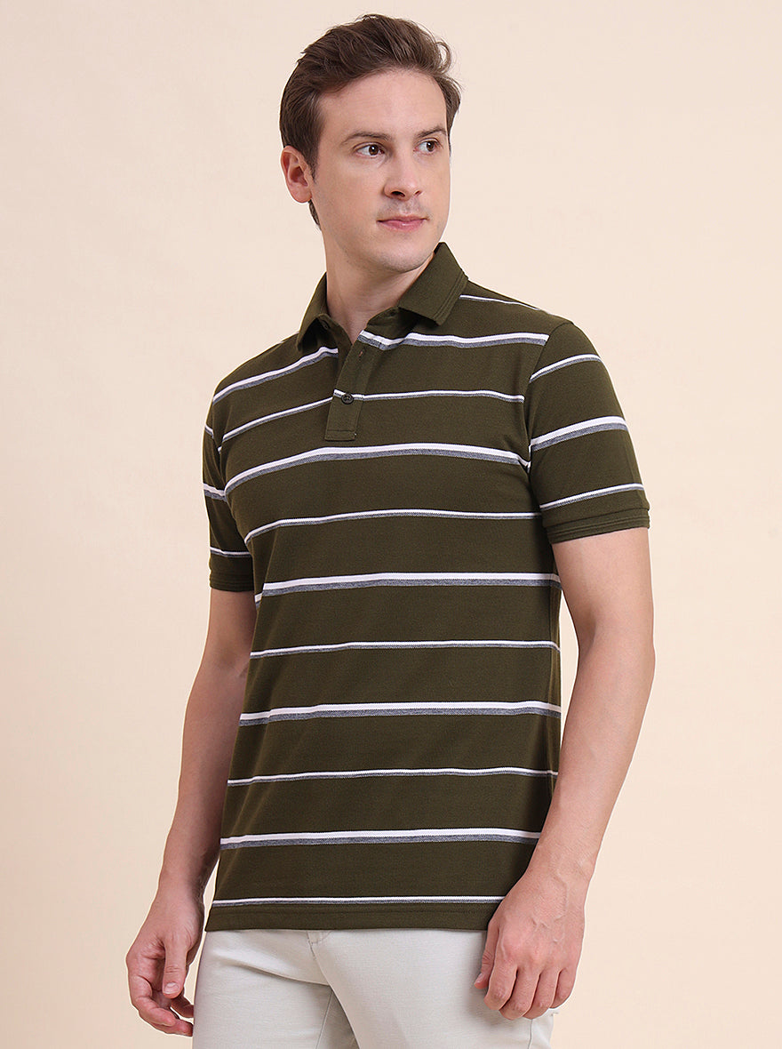 Olive & White Striped Slim Fit Polo T-Shirt | JadeBlue