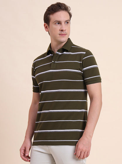 Olive & White Striped Slim Fit Polo T-Shirt | JadeBlue