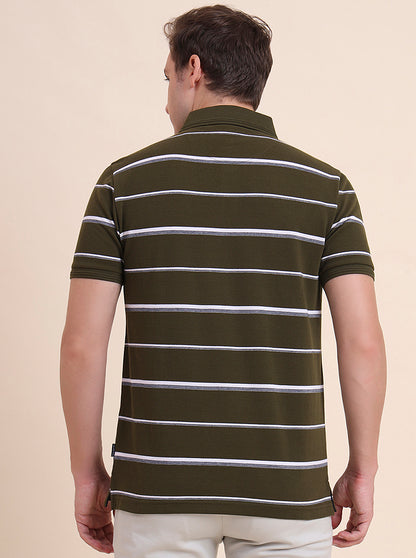 Olive & White Striped Slim Fit Polo T-Shirt | JadeBlue