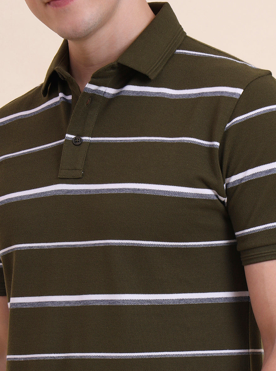 Olive & White Striped Slim Fit Polo T-Shirt | JadeBlue