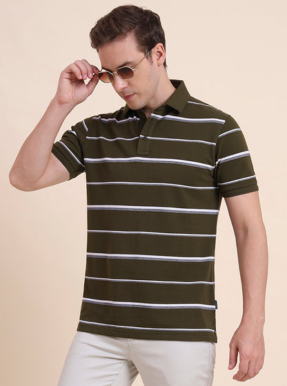 Olive & White Striped Slim Fit Polo T-Shirt | JadeBlue