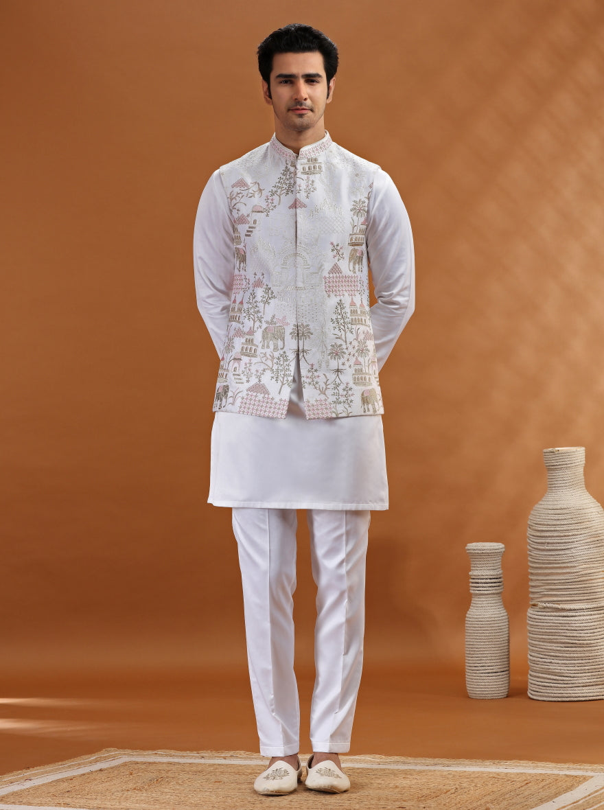 White Embroidered Kurta Pajama with Koti | TULA