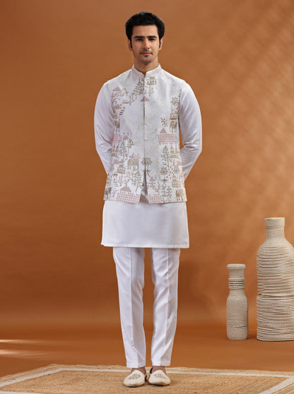 White Embroidered Kurta Pajama with Koti | TULA