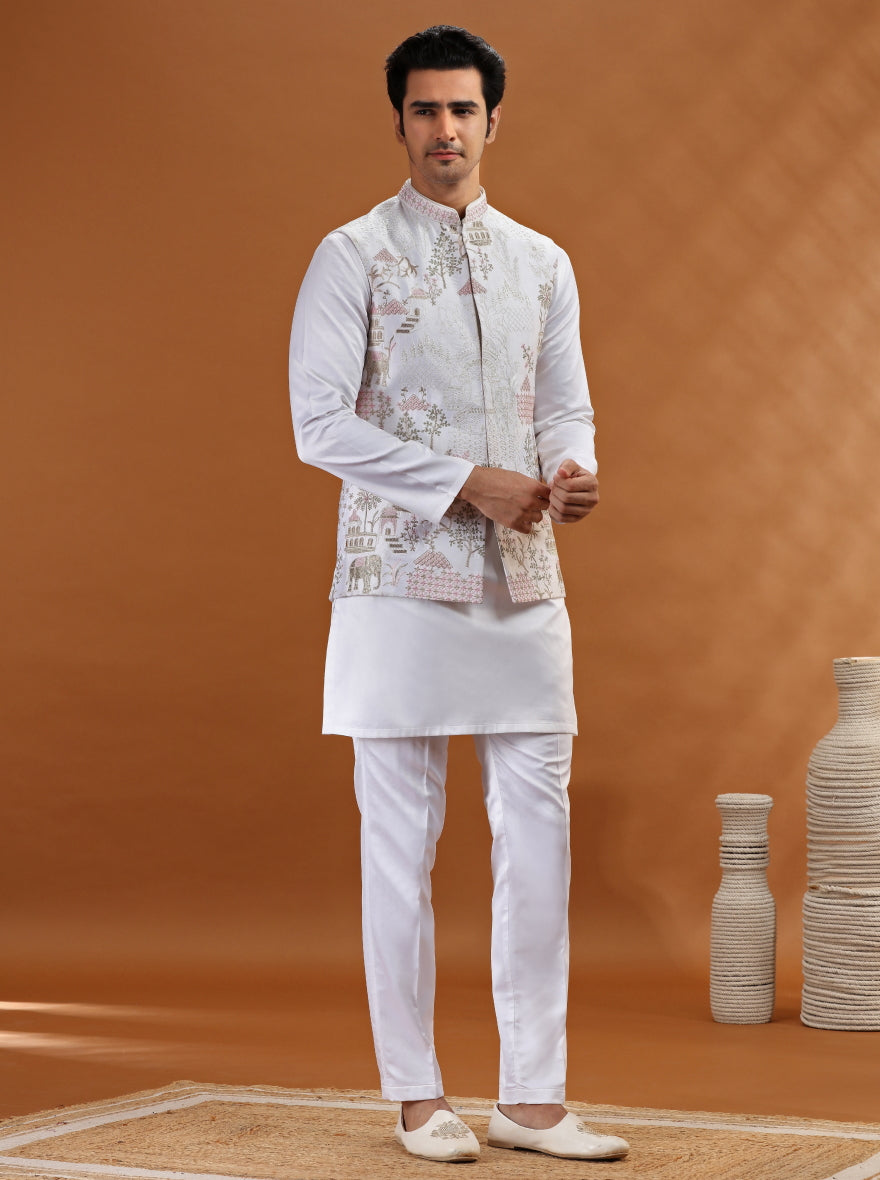 White Embroidered Kurta Pajama with Koti | TULA