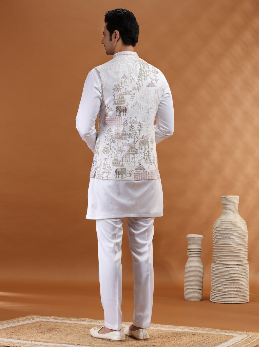 White Embroidered Kurta Pajama with Koti | TULA