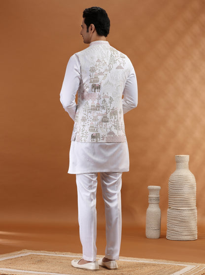 White Embroidered Kurta Pajama with Koti | TULA