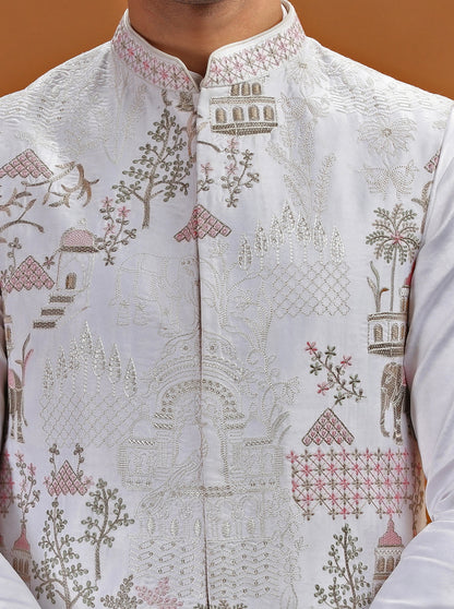 White Embroidered Kurta Pajama with Koti | TULA
