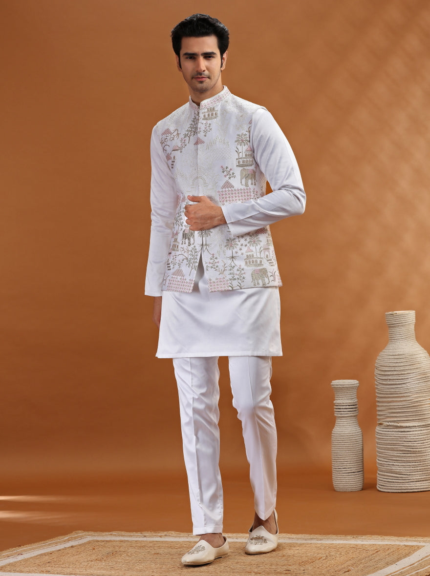 White Embroidered Kurta Pajama with Koti | TULA