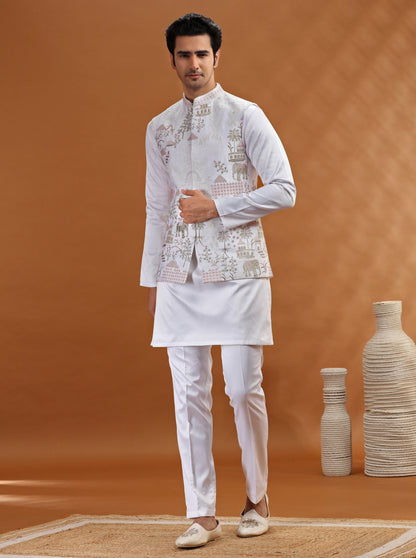 White Embroidered Kurta Pajama with Koti | TULA