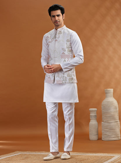 White Embroidered Kurta Pajama with Koti | TULA